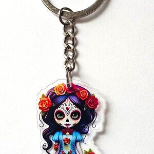 Day of the Dead Girl Sugar Skull Acrylic Keychain Blue Charm Dia de los Muertos